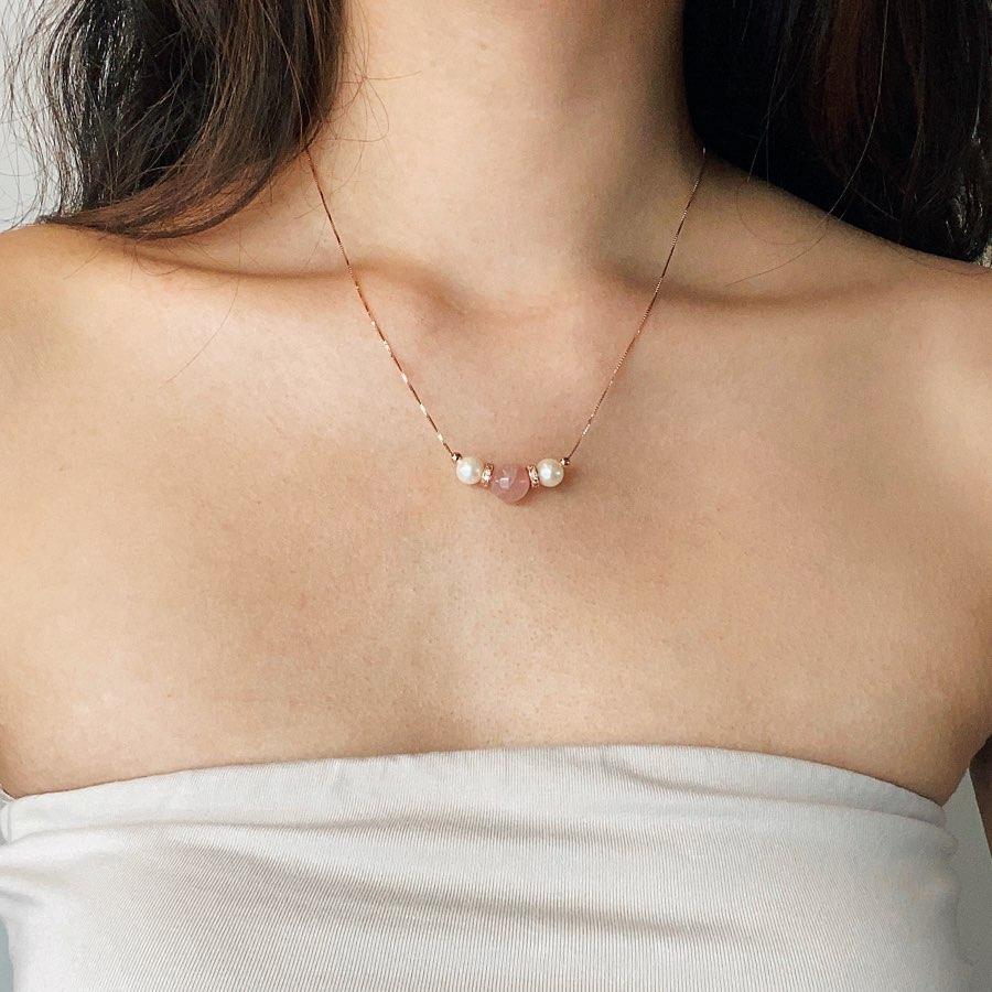 Lavender Rose Quartz Pearl Tri Necklace