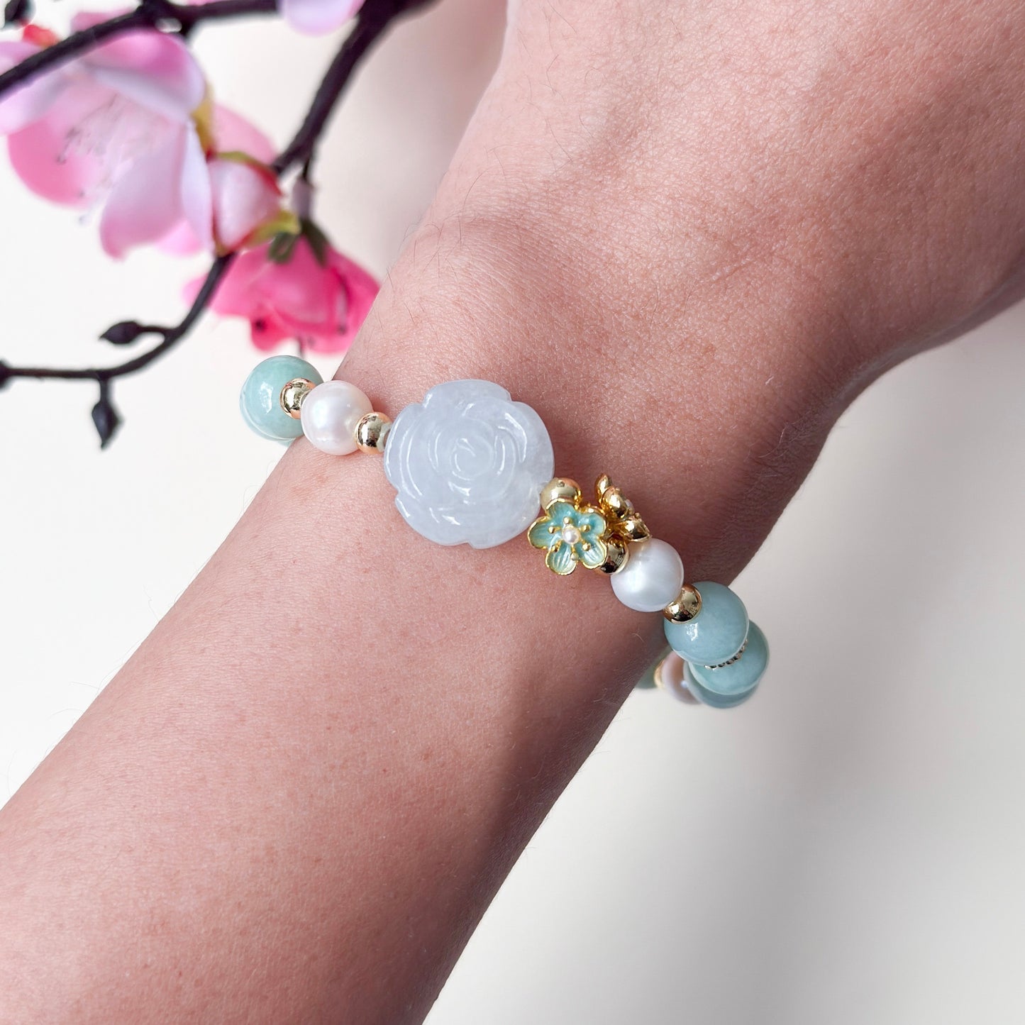 Green Blossom Rose Jade Bracelet